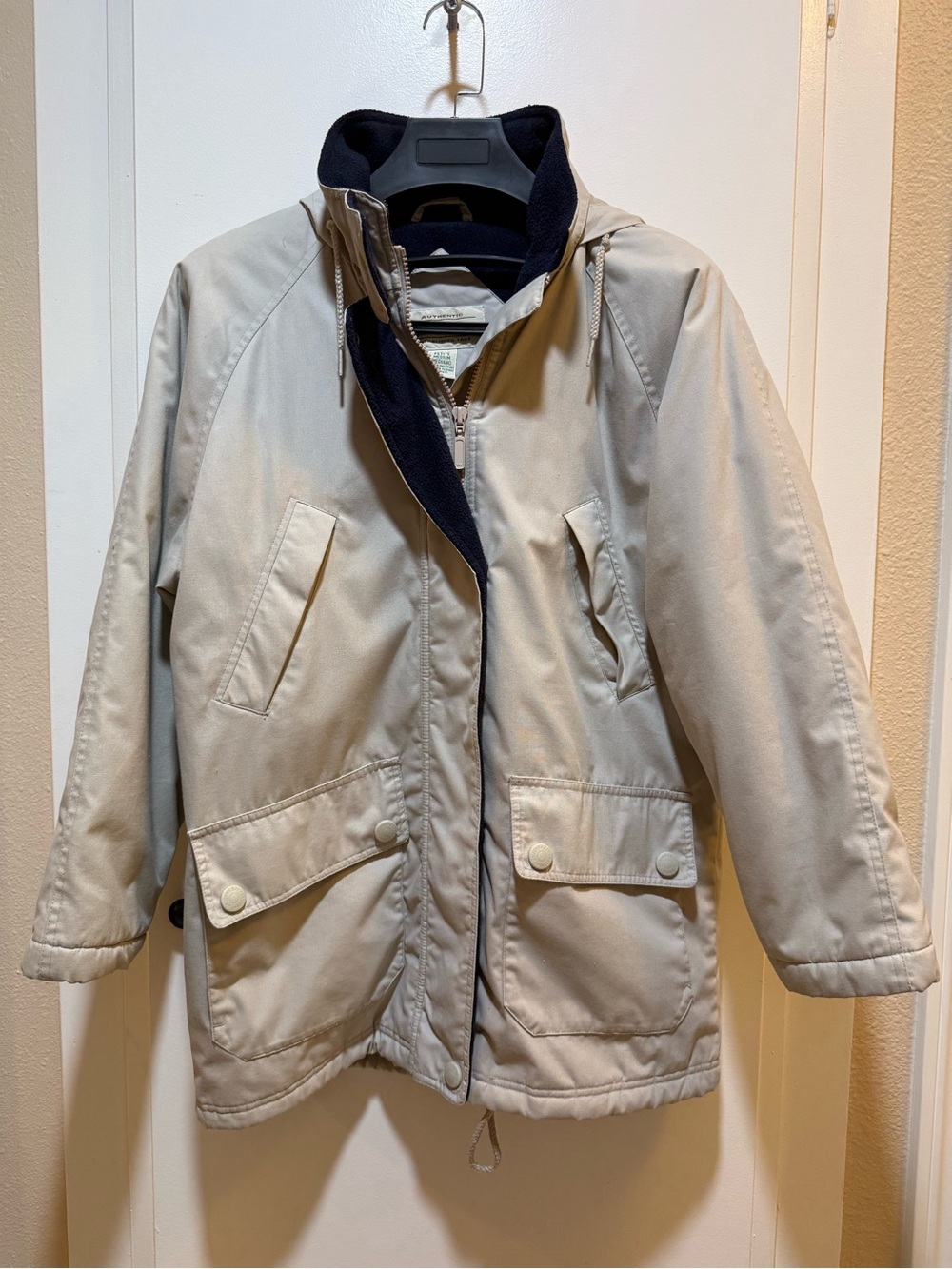 St. John's Bay Beige Hooded Field Jacket with Navy Lining Vintage